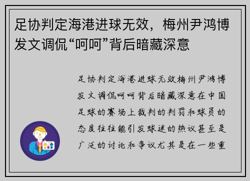 足协判定海港进球无效，梅州尹鸿博发文调侃“呵呵”背后暗藏深意