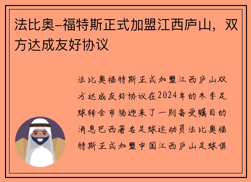 法比奥-福特斯正式加盟江西庐山，双方达成友好协议