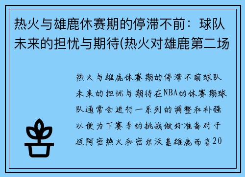 热火与雄鹿休赛期的停滞不前：球队未来的担忧与期待(热火对雄鹿第二场预测)