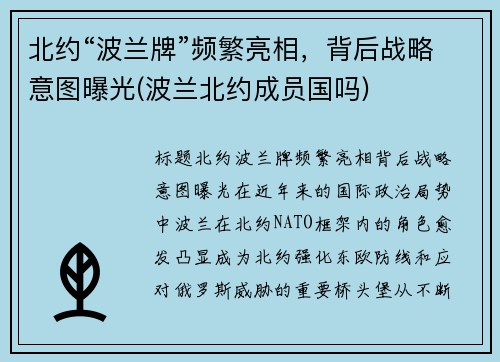 北约“波兰牌”频繁亮相，背后战略意图曝光(波兰北约成员国吗)
